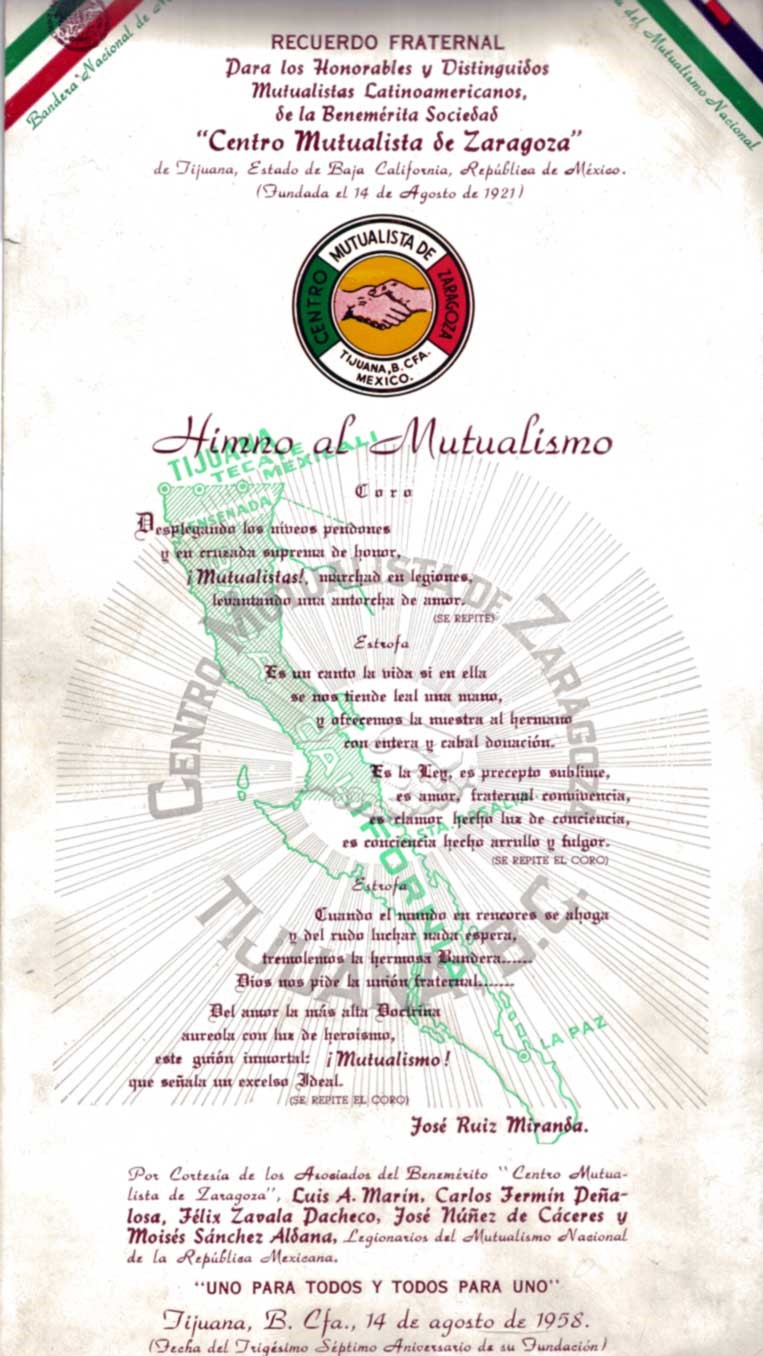El Centro Mutualista Zaragoza de Tijuana, B.C.N. recuerda a sus socios el Himno al Mutualismo en 1958. Archivo JRM. 