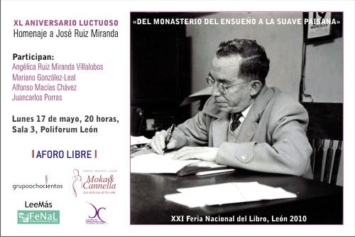 Invitación del Homenaje a José Ruiz Miranda en la Feria del Libro de León 2010. Archivo JRM. 