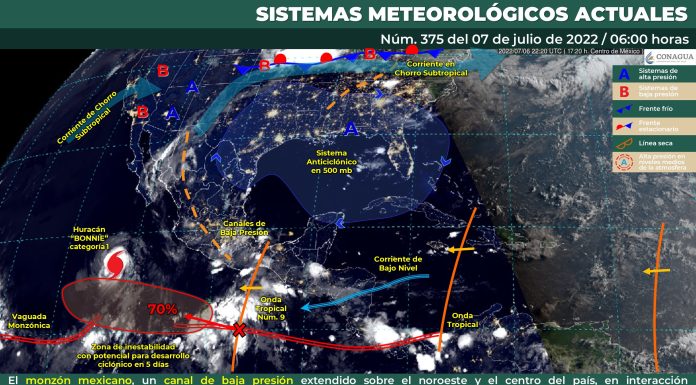 Cielo medio nublado a nublado durante el día. Lluvias puntuales fuertes en Guanajuato