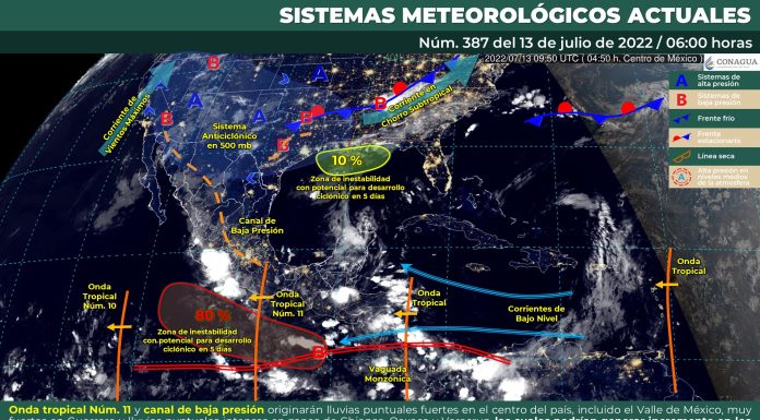 Pronóstico del 13 de julio para Guanajuato, cielo medio nublado con probabilidad de lluvias aisladas