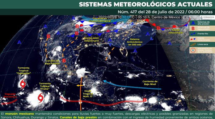 Por la tarde, cielo nublado con lluvias puntuales fuertes en Guanajuato