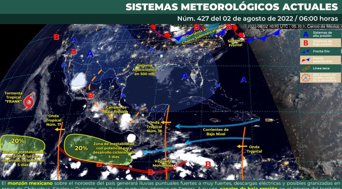 Por la tarde, cielo nublado con lluvias puntuales muy fuertes en Guanajuato