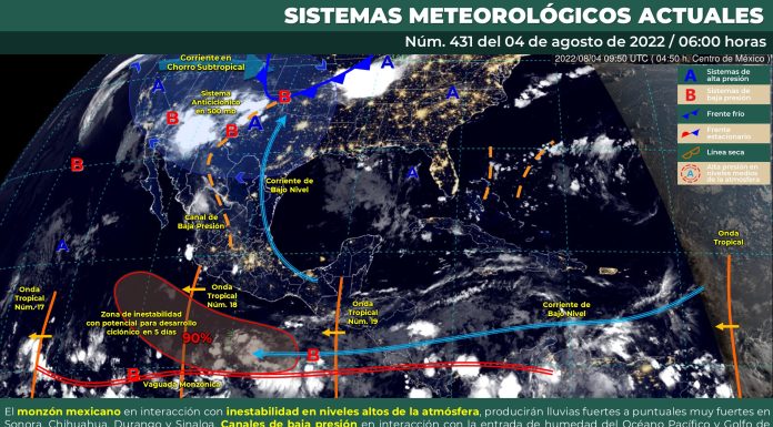 Baja presión con ingreso de humedad e inestabilidad de la atmósfera, ocasionarán lluvias puntuales fuertes en Guanajuato