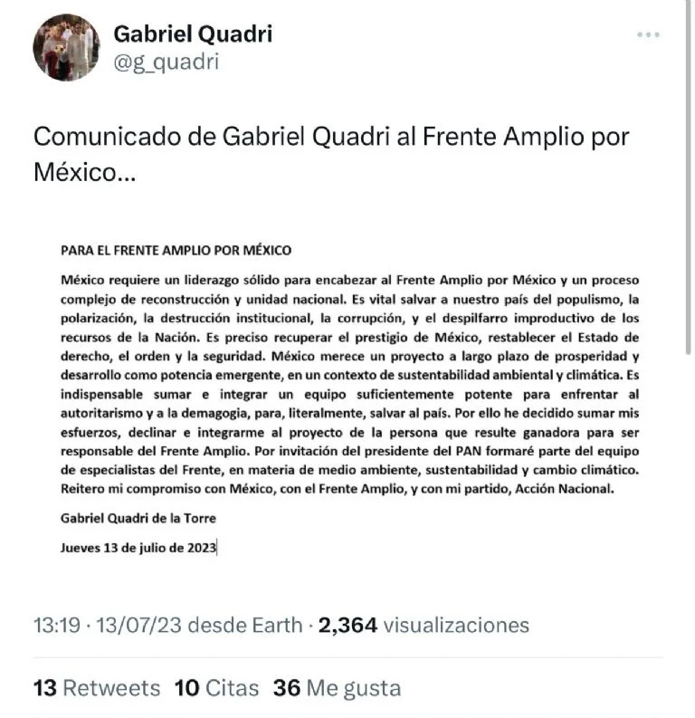 Gabriel Quadri declina: se 'baja' de la carrera presidencial del Frente Amplio