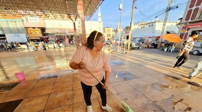 Se unen comerciantes y dan lavadita a explanada del Mercado Victoria en Silao